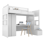 Drewniane Łóżko na antresoli z szafą, biurkiem i schodami Biały Simone Bami 
