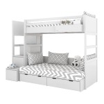 Drewniane Łóżko piętrowe ze schodami lewa strona, dolne łóżko 120 cm Biały Simone Bami   