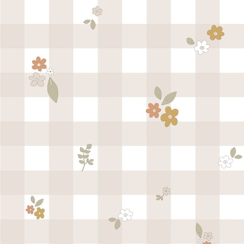 tapeta-dziecieca-kratka-bezowa-kwiatki