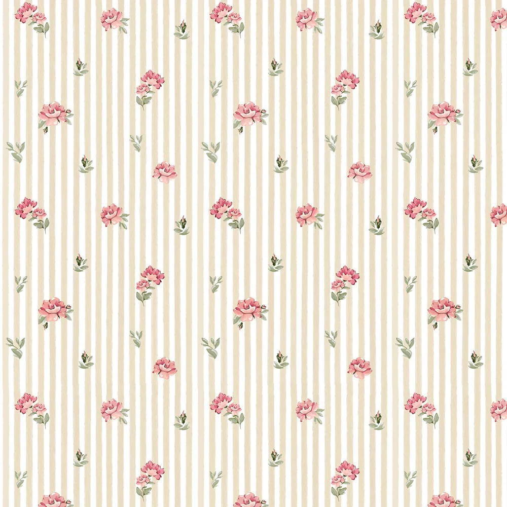 Tapeta dziecięca róże i paski beżowe