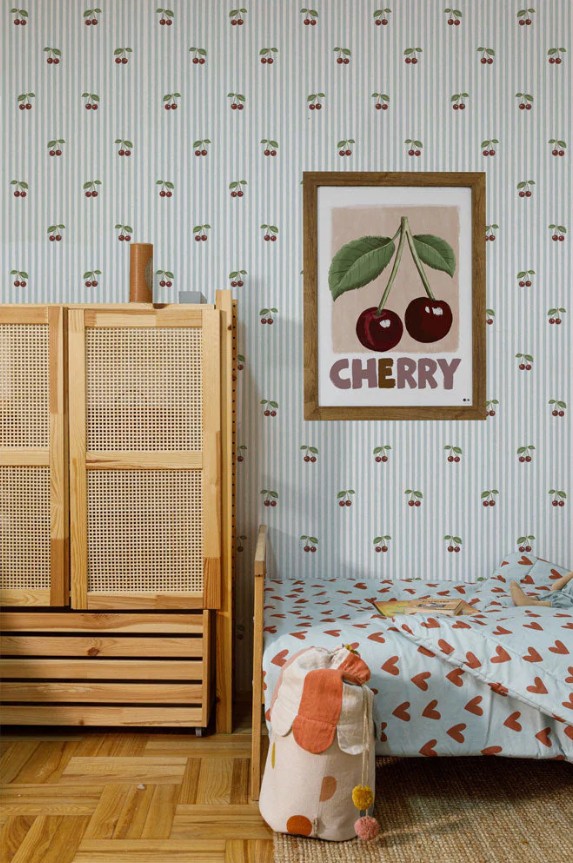 Tapeta dziecięca w wisienki niebieskie paski