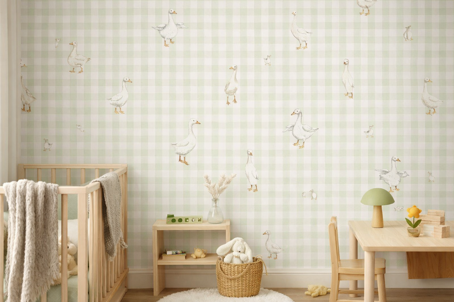 Tapeta w kaczki zielona kratka